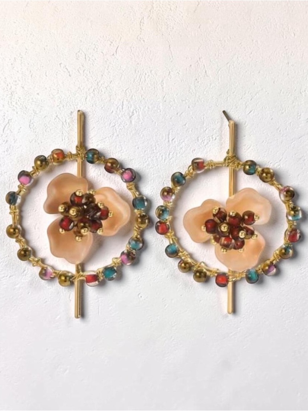 Gold Multi-Color Floral Hoop Earrings - Picture 2 of 4